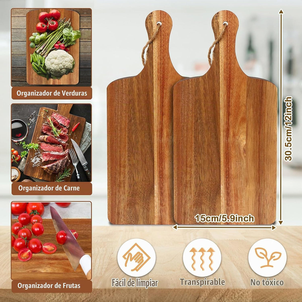 12 paquetes de tablas de cortar de madera de acacia, tabla de cortar lisa de 12 x 6 pulgadas con asas, tabla de cortar de madera para cocina, tabla de cortar a granel con cuerda y cinta a cuadros para verduras, carne, pizza, queso, pan de frutas