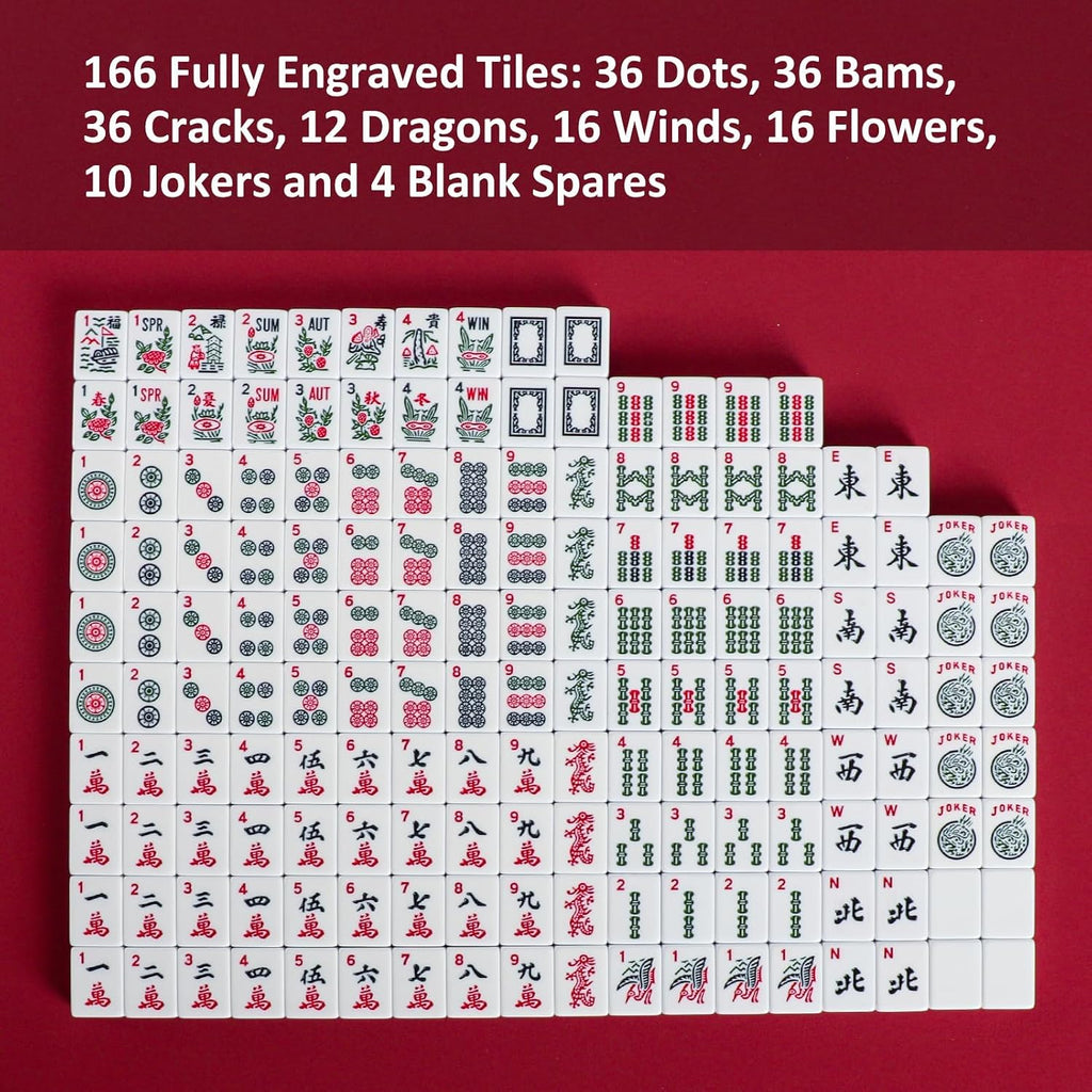 Juego de Mahjong Americano con Bolsa de Almacenamiento, 166 Fichas Blancas, 4 Bastidores/Impulsadores Todo-en-Uno, Juego de Fichas de Mahjong (Ma Jong, Mah-Jongg, Majiang)