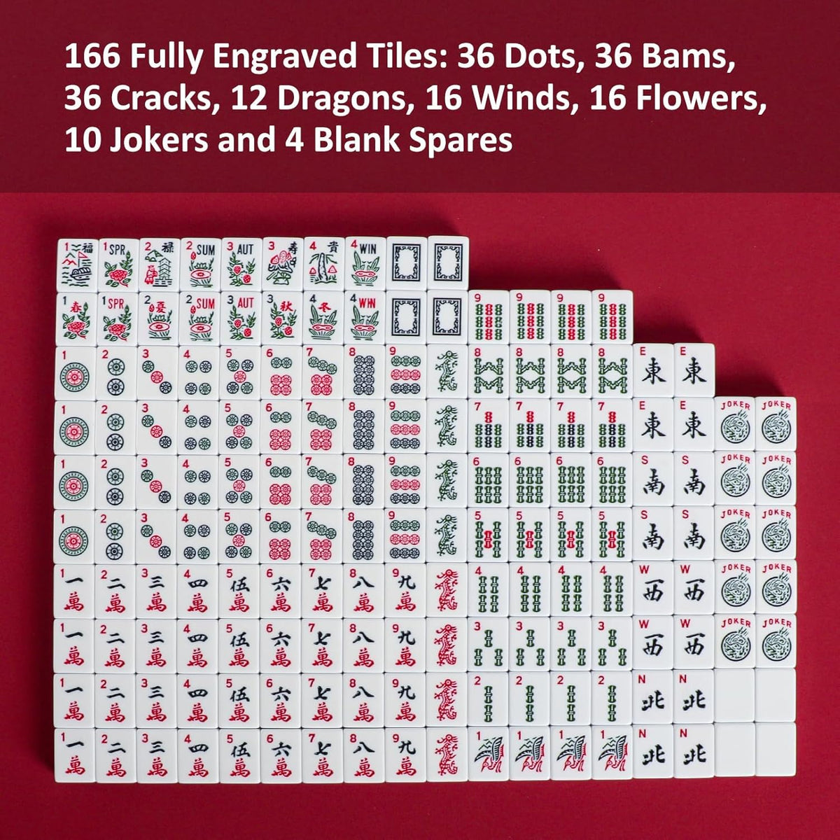 American Mahjong Set, juego de azulejos Mahjong, bolsa roja, 166 azulejos blancos, 4 bastidores todo en uno (Ma Jong, Mah-Jongg, Majiang)