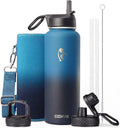Coolflask Botella de agua de 40 onzas aislada con popote y 3 tapas a prueba