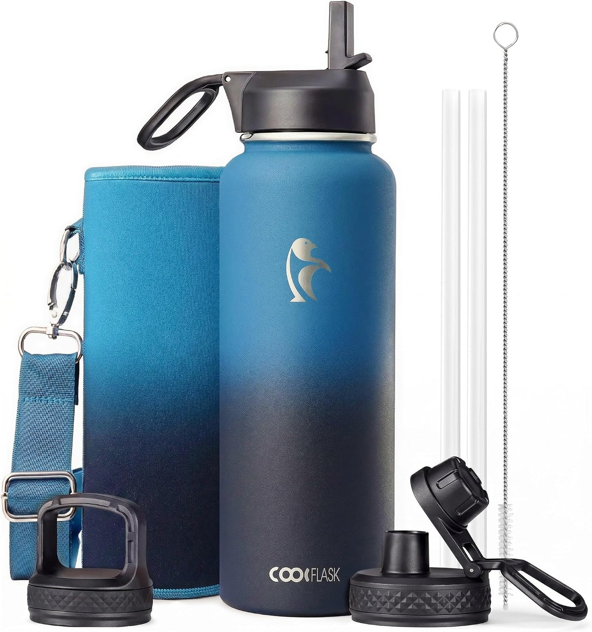 Coolflask Botella de agua de 40 onzas aislada con popote y 3 tapas a prueba