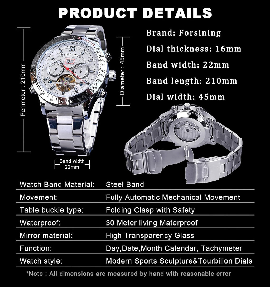FORSINING Reloj Mecánico Tourbillon de Cuerda Automática para Hombre, Día Fecha Mes Calendario Completo, Taquímetro Luminoso Relojes Automáticos Multifuncionales, Reloj de Pulsera con Correa de Acero