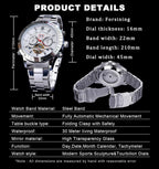 FORSINING Reloj Mecánico Tourbillon de Cuerda Automática para Hombre, Día Fecha Mes Calendario Completo, Taquímetro Luminoso Relojes Automáticos Multifuncionales, Reloj de Pulsera con Correa de Acero