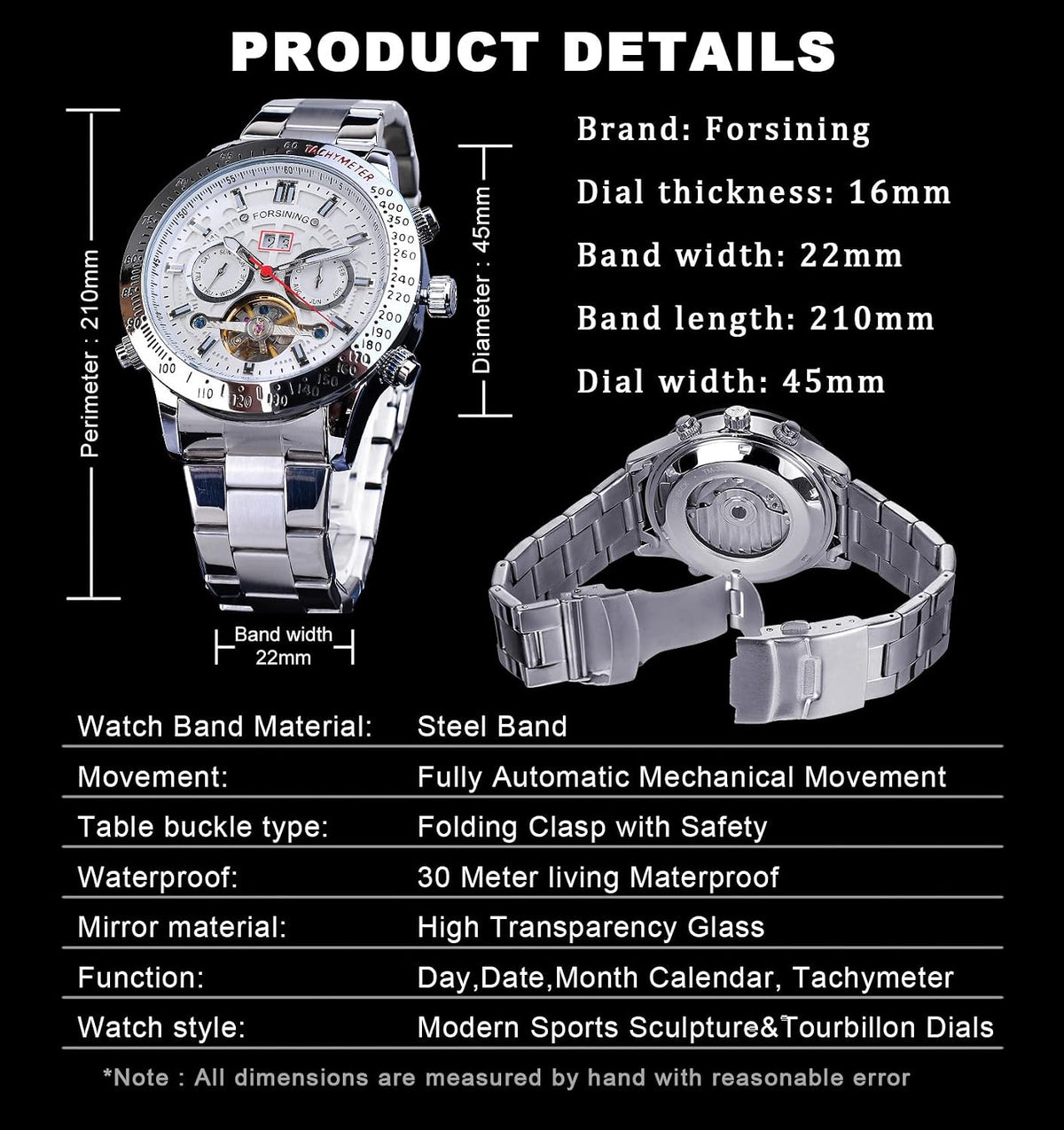 FORSINING Reloj Mecánico Tourbillon de Cuerda Automática para Hombre, Día Fecha Mes Calendario Completo, Taquímetro Luminoso Relojes Automáticos Multifuncionales, Reloj de Pulsera con Correa de Acero