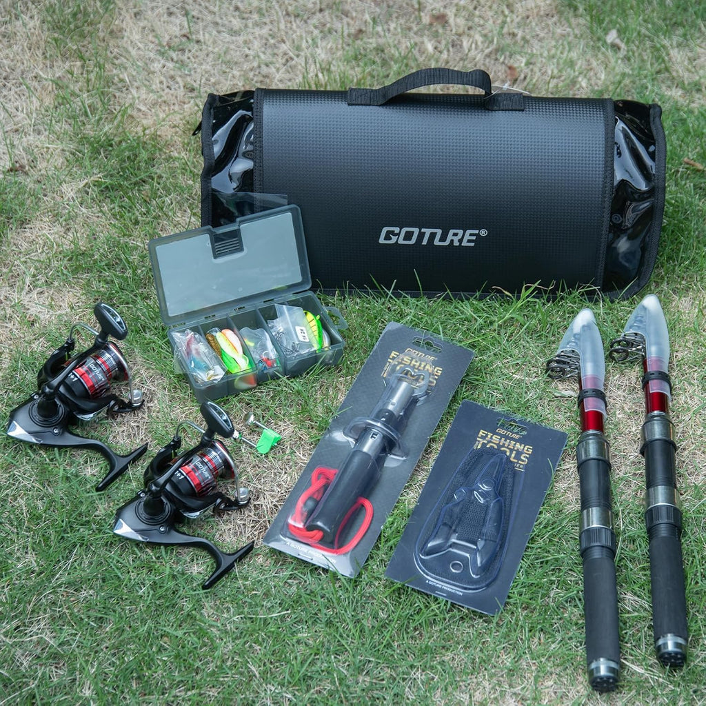 Goture Paquete de 2 cañas de pescar y carrete combinado con bolsa de