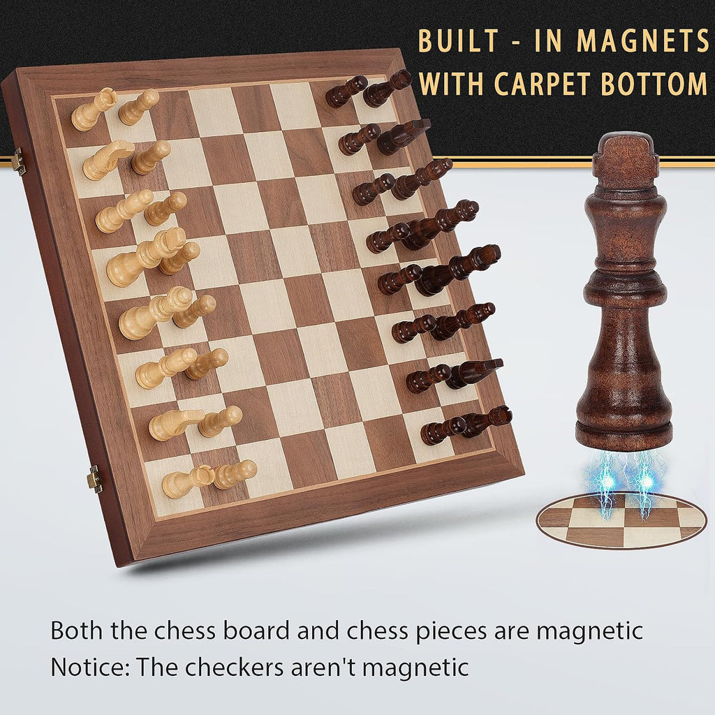 Juego de ajedrez magnético 2 en 1 y juego de mesa de damas, tablero de ajedrez plegable de madera de 15 pulgadas con 2 reinas adicionales, juego de ajedrez de viaje portátil con ranuras de