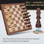 Juego de ajedrez magnético 2 en 1 y juego de mesa de damas, tablero de ajedrez plegable de madera de 15 pulgadas con 2 reinas adicionales, juego de ajedrez de viaje portátil con ranuras de