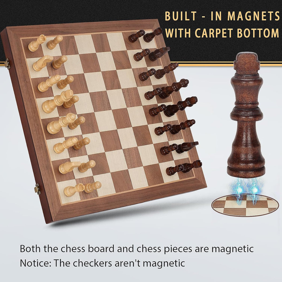 Juego de ajedrez magnético 2 en 1 y juego de mesa de damas, tablero de ajedrez plegable de madera de 15 pulgadas con 2 reinas adicionales, juego de ajedrez de viaje portátil con ranuras de