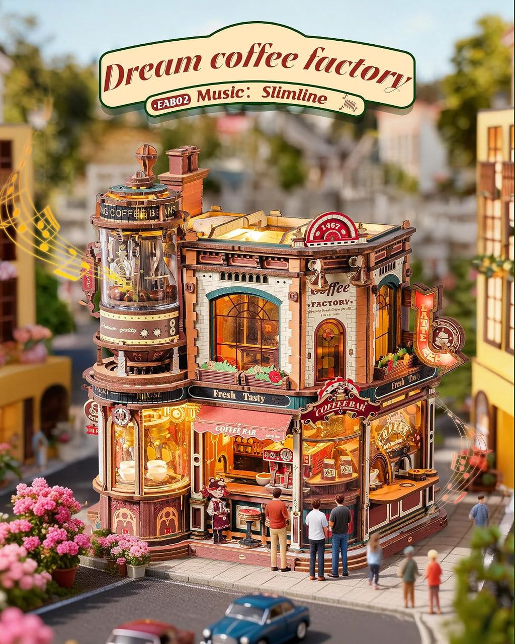 ROKR Dream Coffee Factory, modelo de caja de música de madera, rompecabezas mecánicos 3D de madera para adultos, kit de construcción con luces LED móviles, kit de casa en miniatura, regalo de