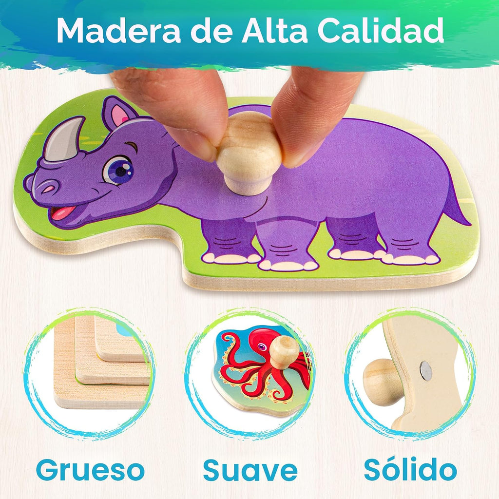 SYNARRY Rompecabezas de madera para niños pequeños de 1 a 3 años, 6 juegos de rompecabezas de animales para niños pequeños de 2 a 4 años con estante, rompecabezas para niños de 2 a 4 años, juguetes