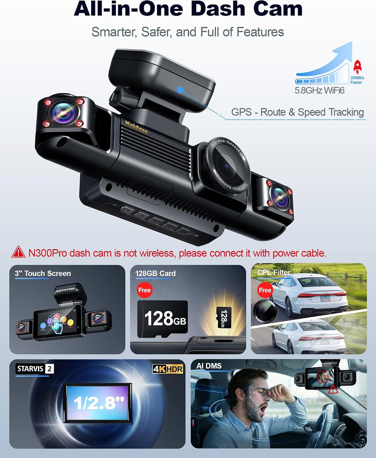 Cámara de tablero 4K STARVIS 2 Delantera y Trasera con WiFi 5.8G y tarjeta 128GB, N300Pro