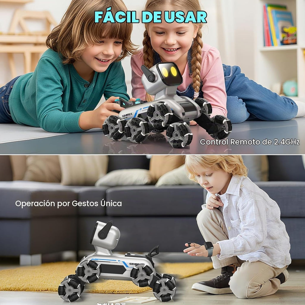 SIMREX Robot Perro RC Coche de Acrobacias Juguetes - Coche de control remoto con detección de gestos con ruedas Mecanum, ojos LED, 3 efectos de sonido, regalo de cumpleaños para niños niños y niñas