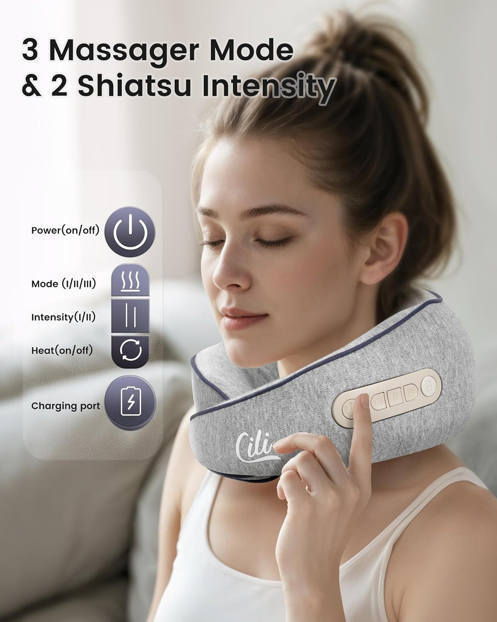 Almohada masajeadora de cuello inalámbrica con calor, masajeador de cuello Shiatsu para aliviar el dolor de tejido profundo, almohada de masaje térmica para viajes, 3 intensidades ajustables, regalos para mujeres y hombres