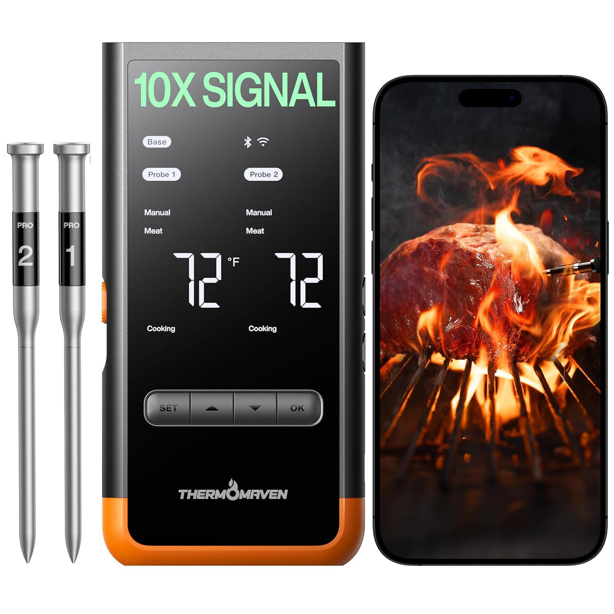 ThermoMaven Termómetro inalámbrico de carne Sub-1G, termómetro WiFi de 2