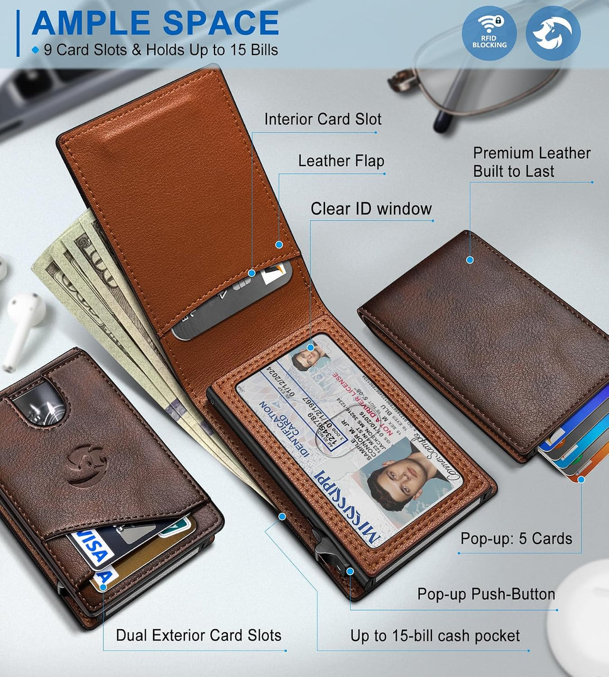 Cartera para hombre, tarjetero desplegable delgado con bloqueo RFID, billetera plegable minimalista con 9 ranuras para tarjetas, ventana de identificación y bolsillo para efectivo, funda de
