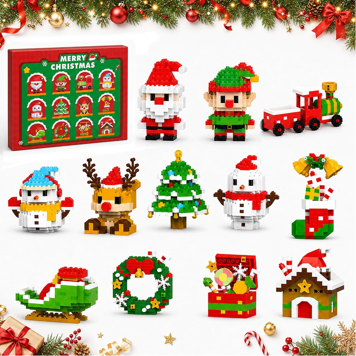 Calendario de Adviento de Navidad, bloques de construcción, 12 días Mini