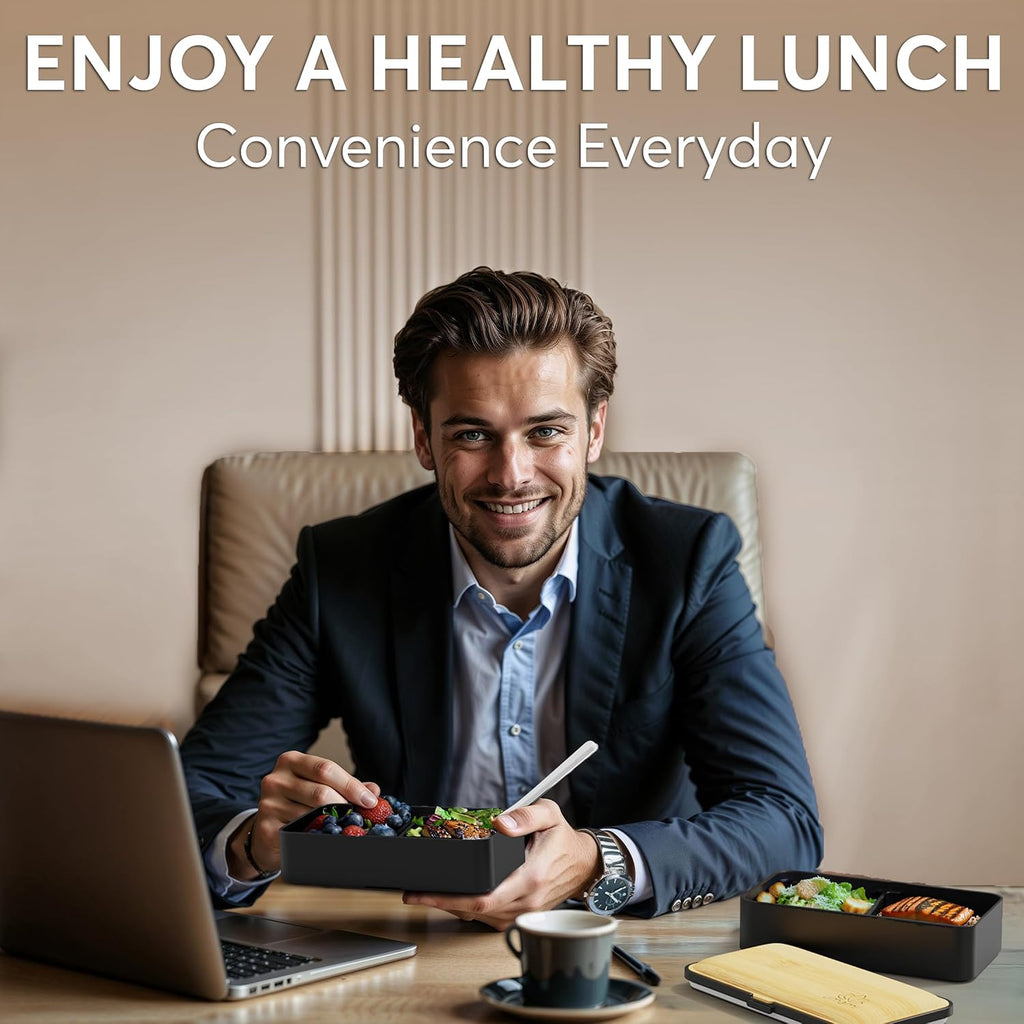 Umami Bento Box - Lonchera apilable para adultos, 40 onzas, negro y bambú