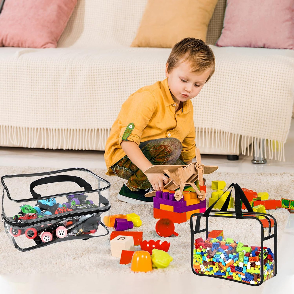 6 paquetes de bolsas grandes de almacenamiento para juguetes con etiquetas, reutilizables, de PVC transparente para juegos de mesa, bolsas organizadoras impermeables para viajes con cierre para