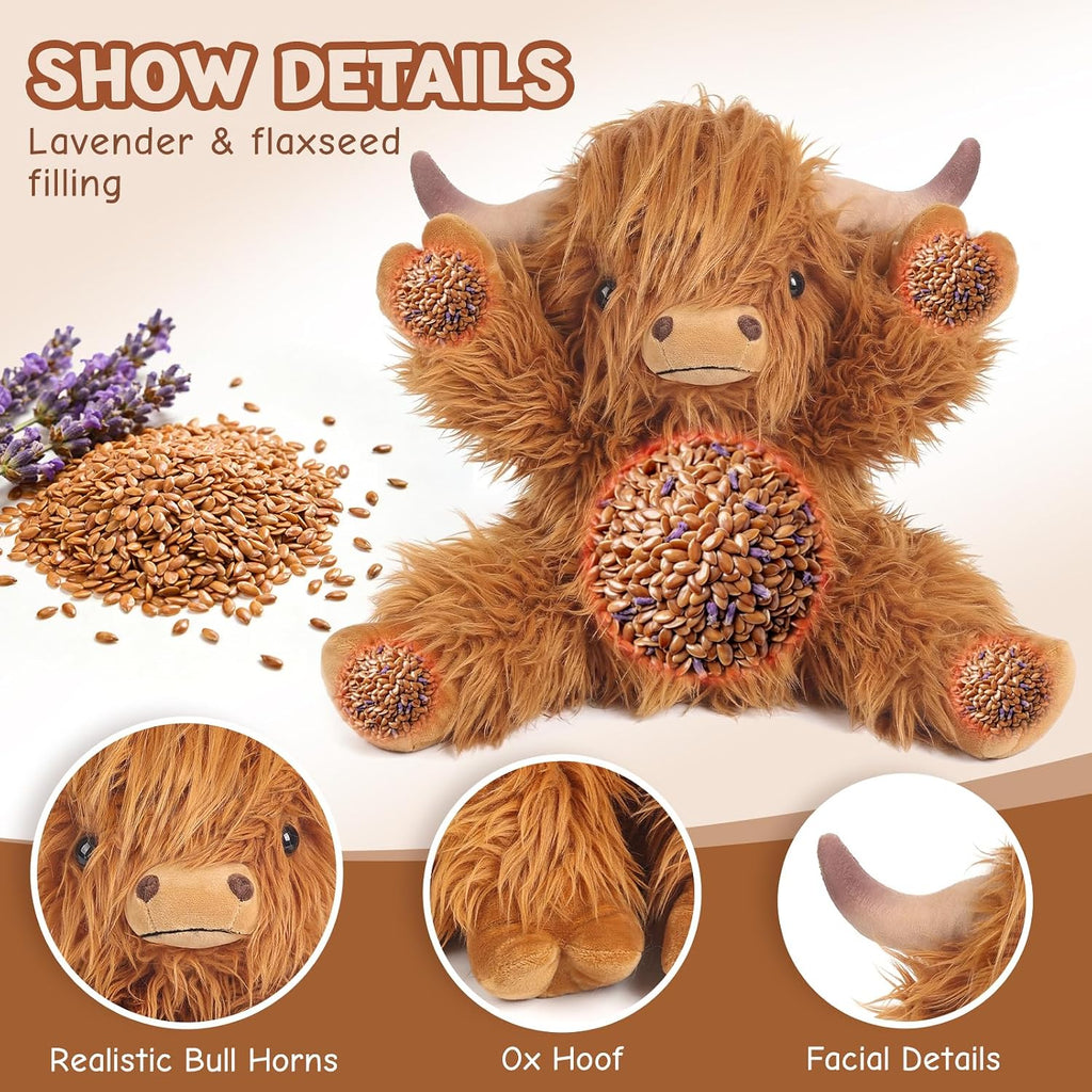 Highland Cow - Animales de peluche con peso, para microondas y con peso, peluche de vaca de las tierras altas para mayor comodidad, juguete de aroma a lavanda refrescante y calentable, lindo regalo para niños, niñas y adultos