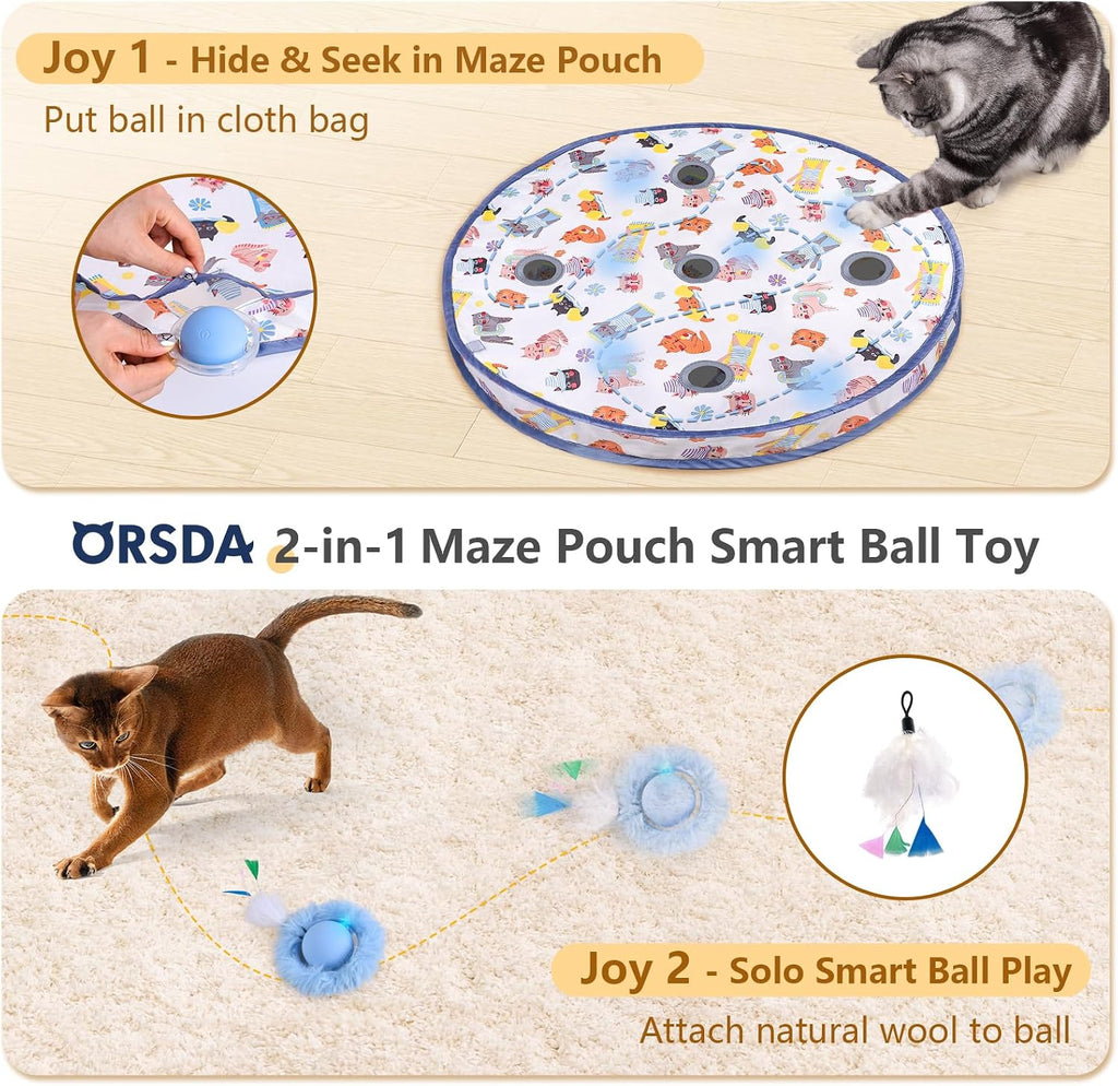 ORSDA Pelota interactiva de juguetes para gatos, bola automática de rodadura rápida en bolsa, escondite para gatos de interior, juguete móvil activado por chirridos de movimiento, alfombrilla de 5