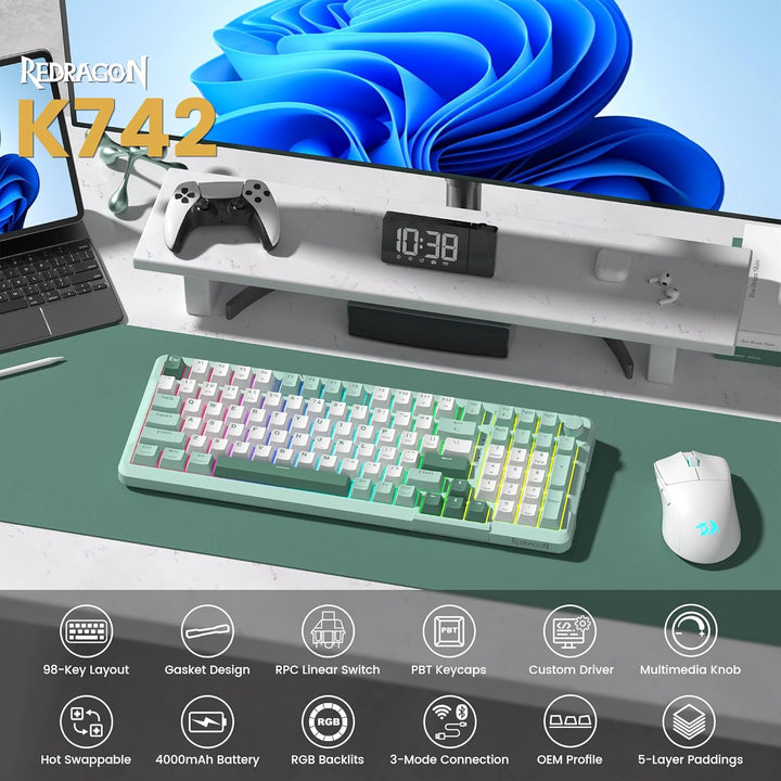 Redragon K742 Teclado mecánico inalámbrico para juegos con perilla,...