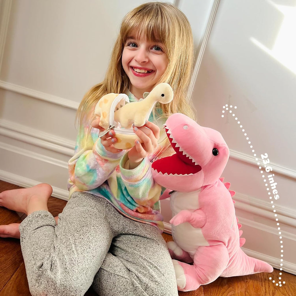 MorisMos - Animal de peluche de dinosaurio con bebés, mamá dino T-rex de 23.6 pulgadas con 3 juguetes de peluche de bebé dino y 3 huevos de peluche dentro de la barriga, juguetes de dinosaurio para