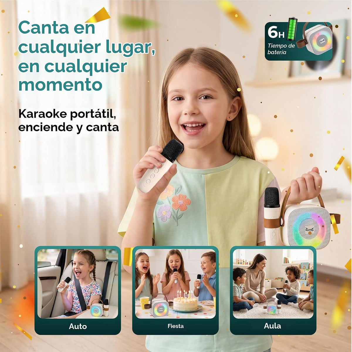 Máquina de karaoke para niños con 2 micrófonos inalámbricos, altavoz Bluetooth