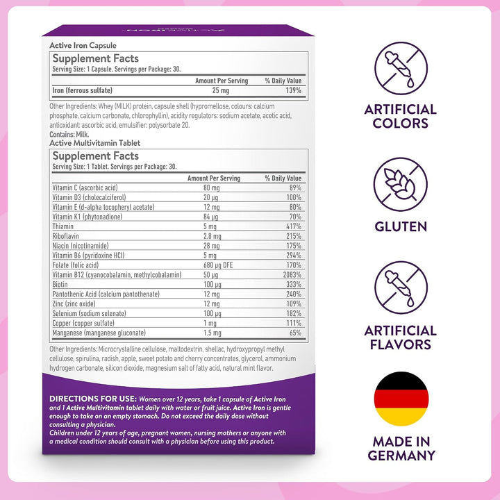 Suplemento de hierro activo de 25 mg + multivitamínico para mujeres...