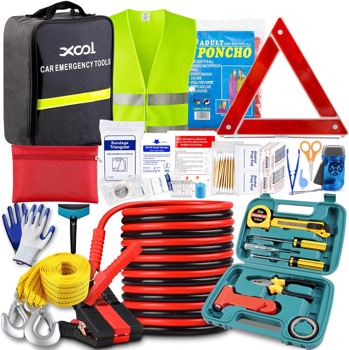 XOOL Kit de emergencia para automóvil con cables de puente, kit de...