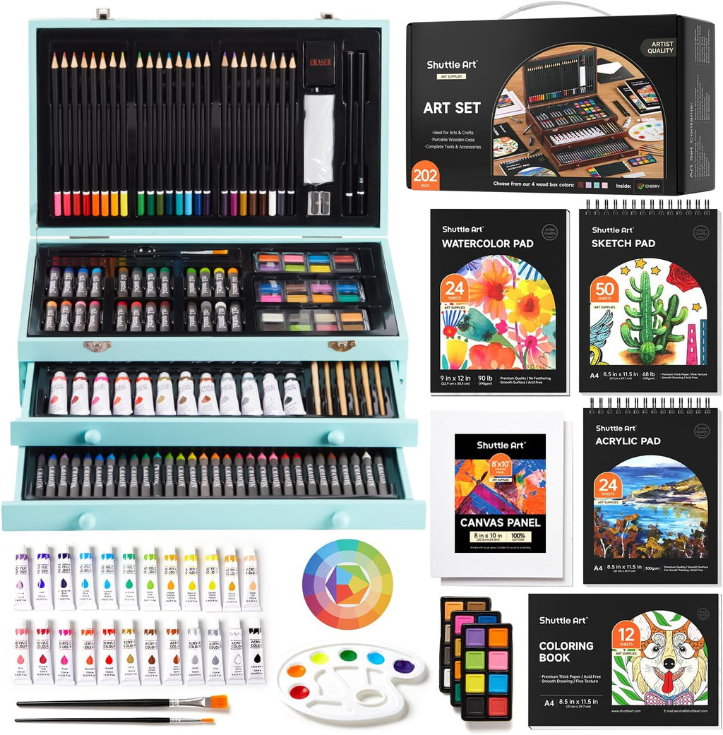 Shuttle Art Kit de arte de regalo de lujo, juego de 202 piezas de suministros de arte de madera con 4 almohadillas de dibujo, lienzos, hojas para colorear, pintura acrílica, crayones y pasteles al óleo, lápices de colores para niños
