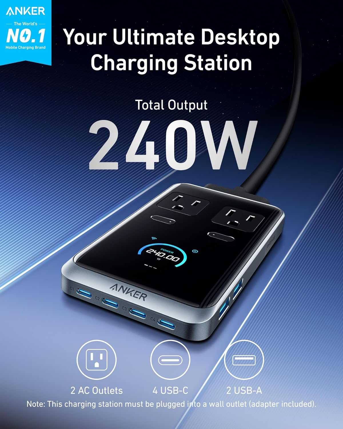 Anker Prime carga Station, 240W 8-en-1 Power Strip, 2 AC, 4 USB C