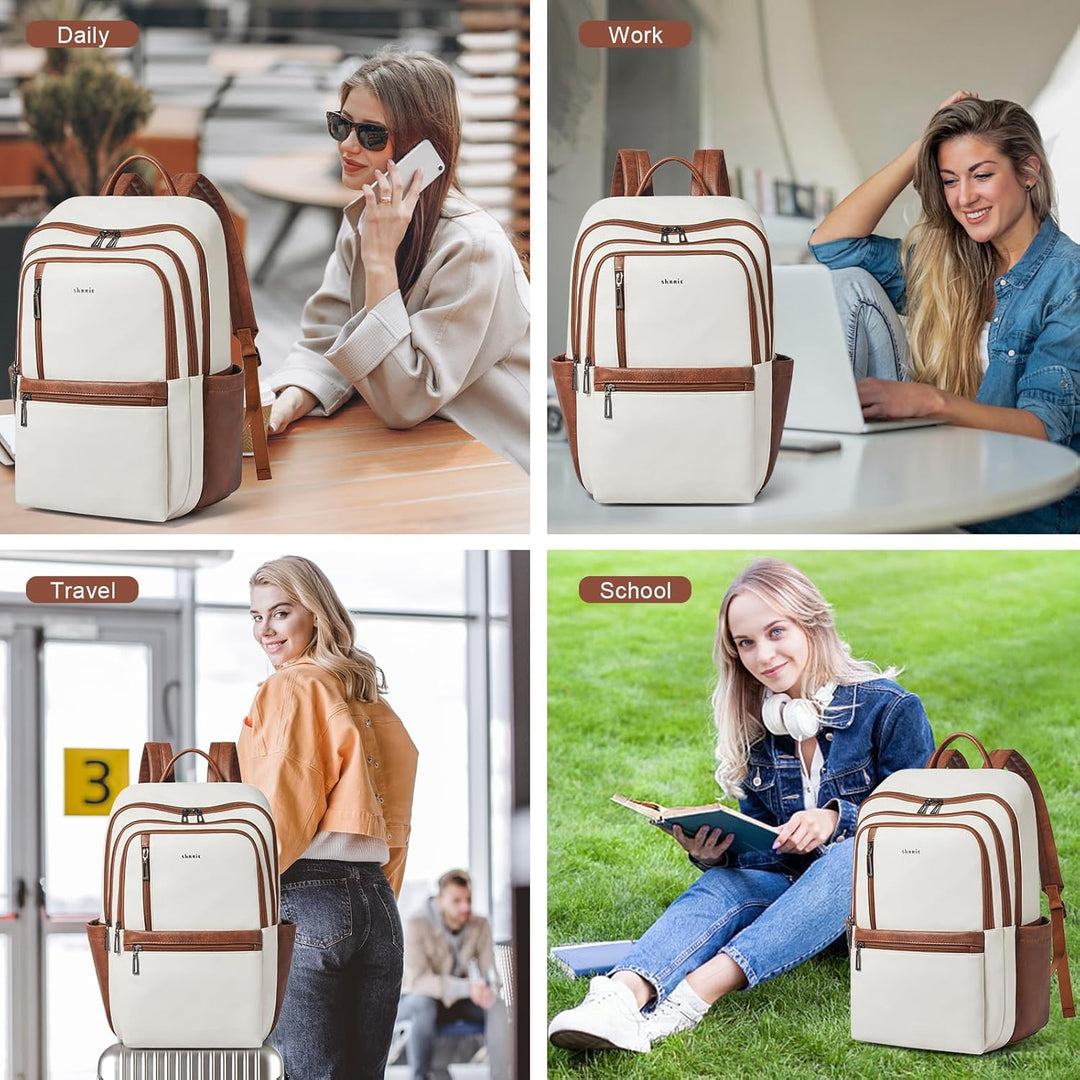 Shrrie Mochila de cuero para laptop de 17 pulgadas para mujer, moch...