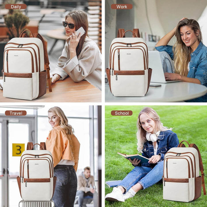 Shrrie Mochila de cuero para laptop de 17 pulgadas para mujer, moch...