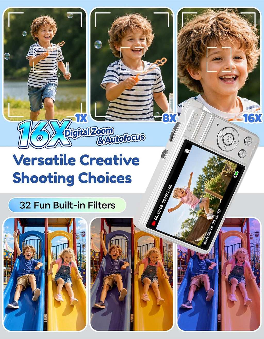 MOMILLA Cámara para niños con funda impermeable, cámara digital 4K Vlogging