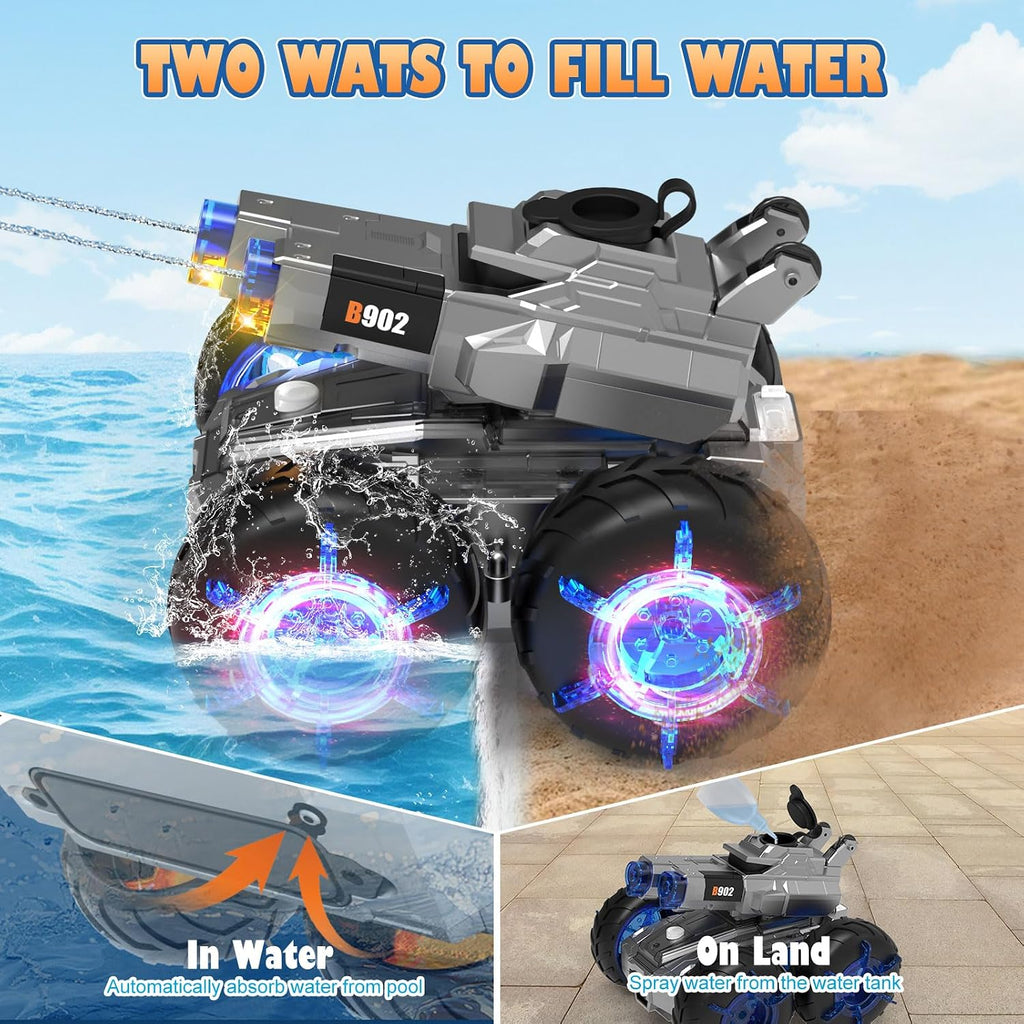 Coche de control remoto anfibio con pistola de agua