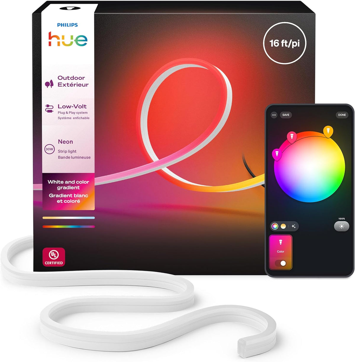 Philips Hue Tira de luz LED multicolor de neón para exteriores de 16 pies