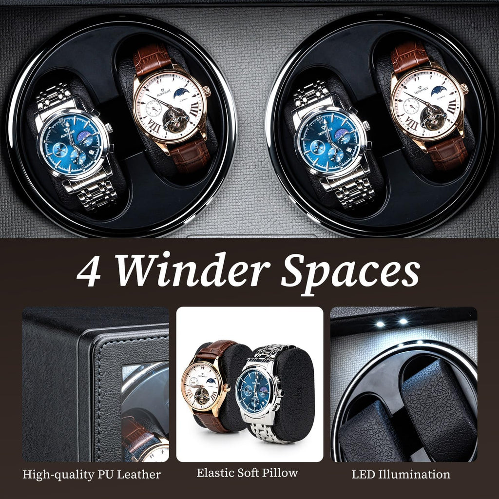 Mcbazel Enrollador de reloj para relojes automáticos, enrollador de reloj de 4 ranuras con motor silencioso fabricado en Japón y luz LED para relojes de hombre y mujer, color negro