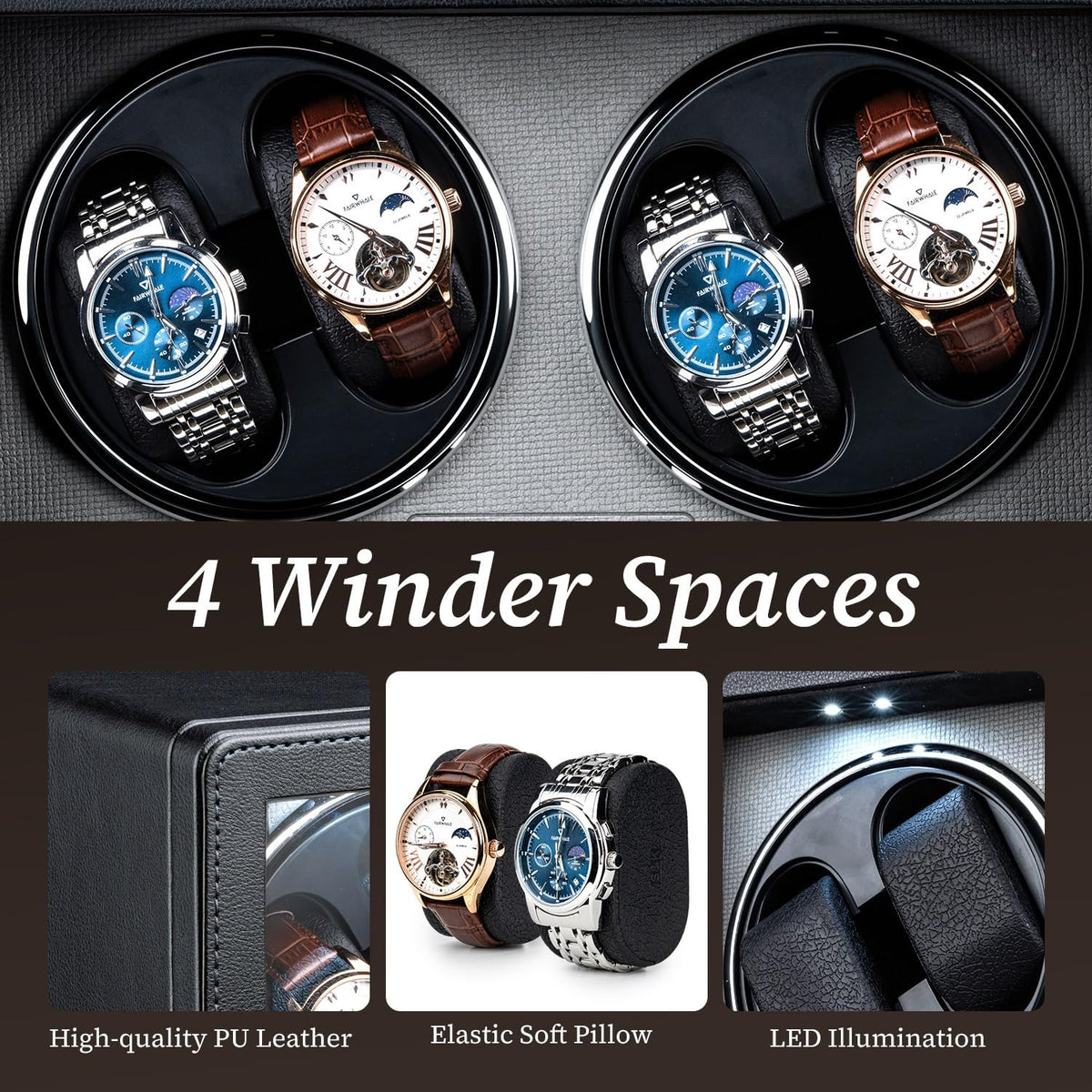 Mcbazel Enrollador de reloj para relojes automáticos, enrollador de reloj de 4 ranuras con motor silencioso fabricado en Japón y luz LED para relojes de hombre y mujer, color negro