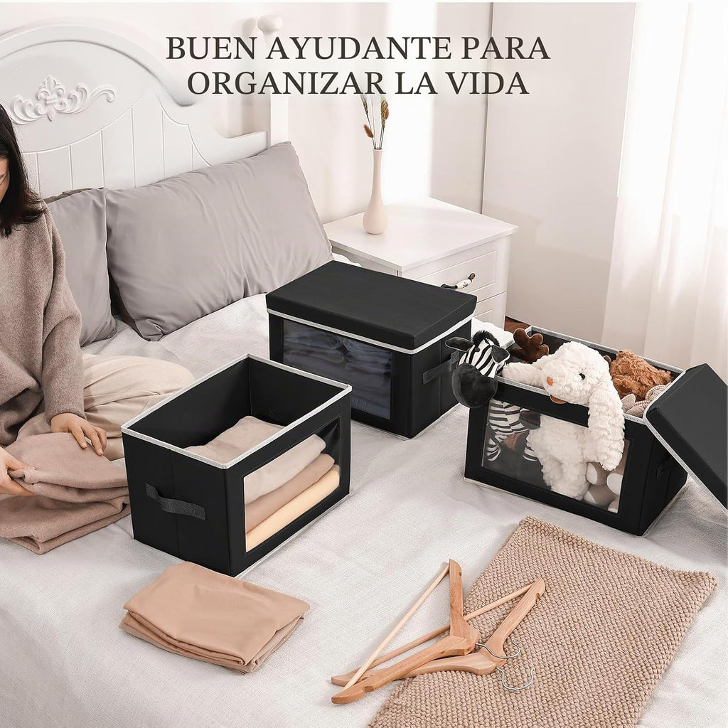 Contenedores de Almacenamiento Cúbicos con Tapas, Cestas de Almacenamiento con Ventana Transparente para Organizar, Contenedores Organizadores de Tela con Asa, Contenedores de Almacenamiento