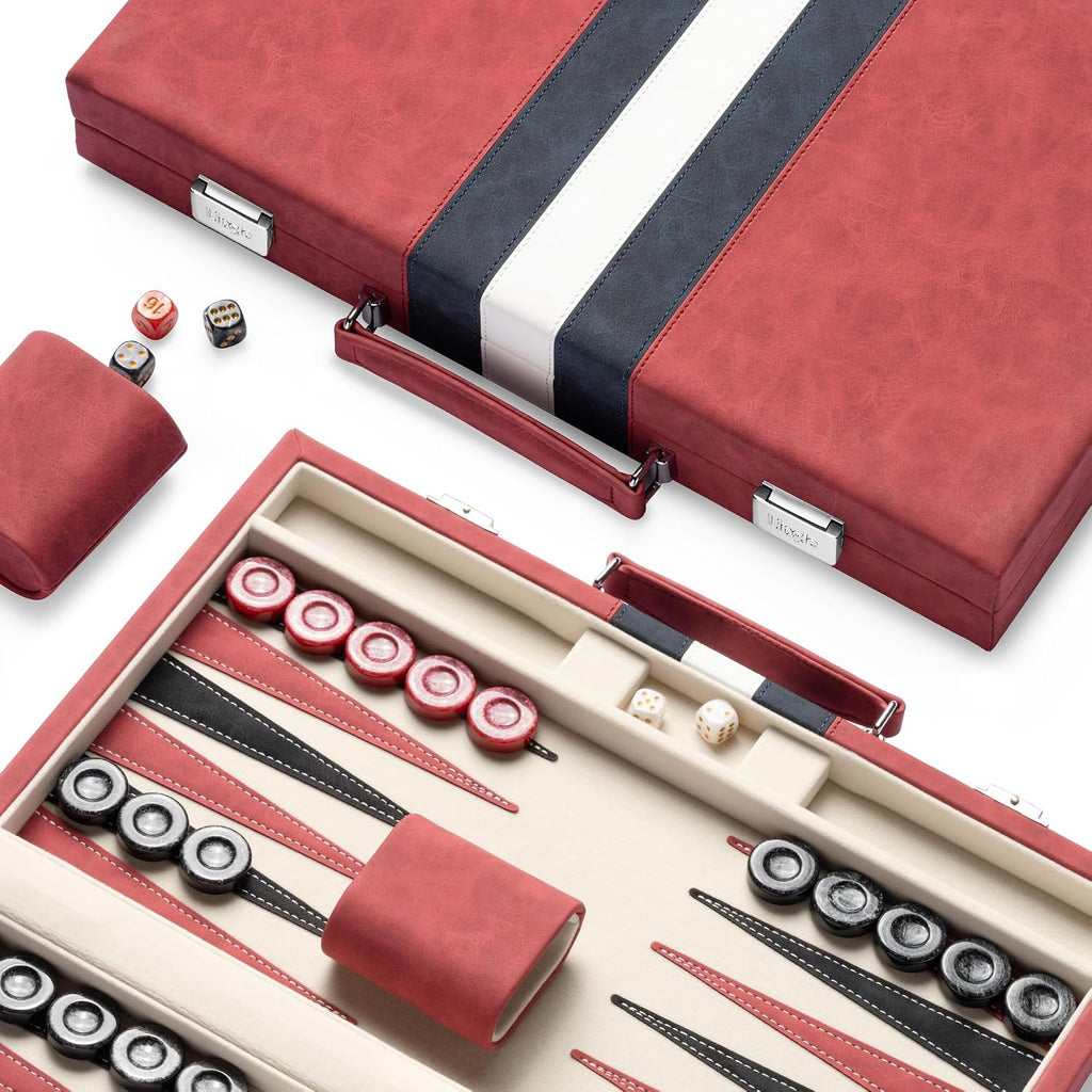Juegos de backgammon de 15 pulgadas para adultos, tablero clásico de backgammon con dados de damas únicos, exterior de piel sintética e interior de terciopelo, juego de viaje de backgammon portátil (rojo)
