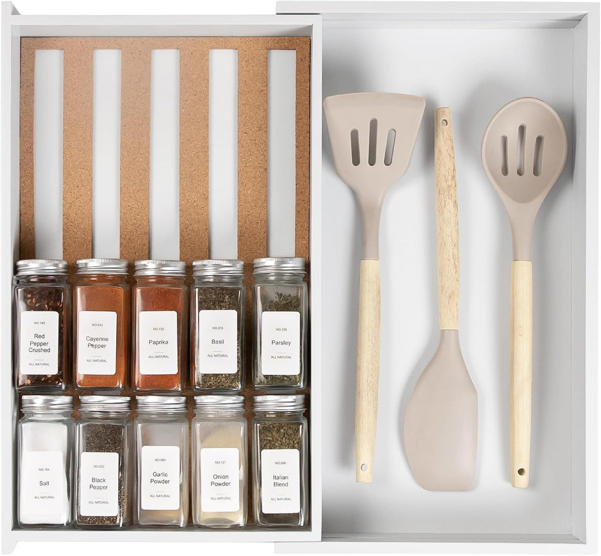 Organizador extensible para cajones de especias, bambú blanco