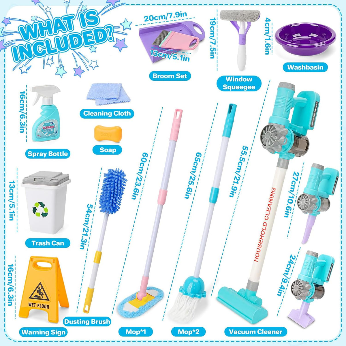 deAO Juego de juguetes de limpieza para niños, 14 piezas, desmontables, con trapeador al vacío, escoba, lavabo, juguetes de limpieza, regalo de cumpleaños para niñas y niños de 3 a 8 años