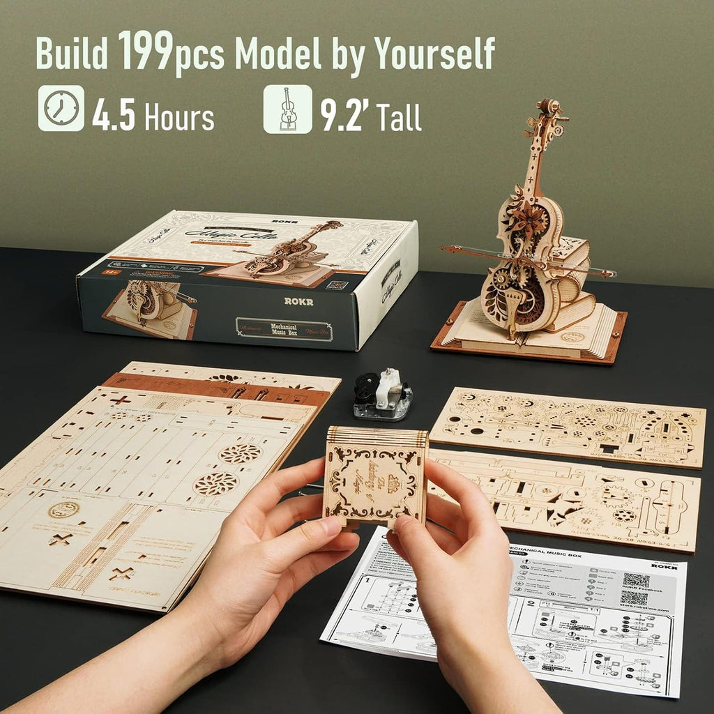 ROKR Rompecabezas 3D para adultos, a escala 1:5, kit de modelo de violonchelo con base, 199 piezas, caja de música de madera, kit de construcción, regalo de escritorio para hombres, mujeres