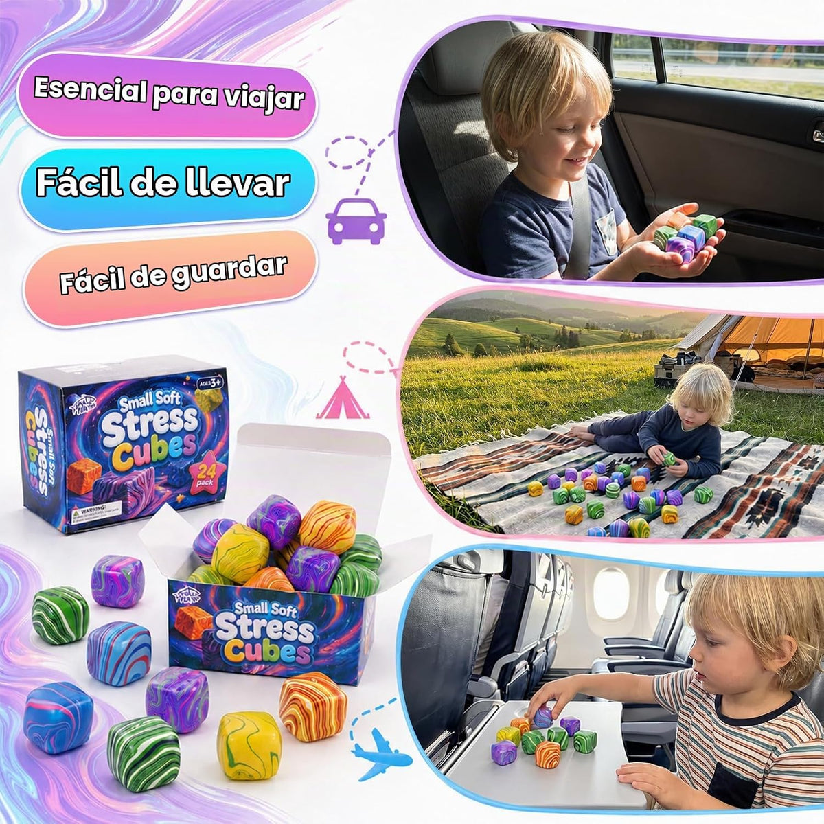 Paquete de 24 mini cubos de estrés para niños: 1.18 pulgadas, juguetes esponjosos de remolino colorido, juguetes sensoriales suaves de rebote rápido para premios silenciosos en el aula, recuerdos de