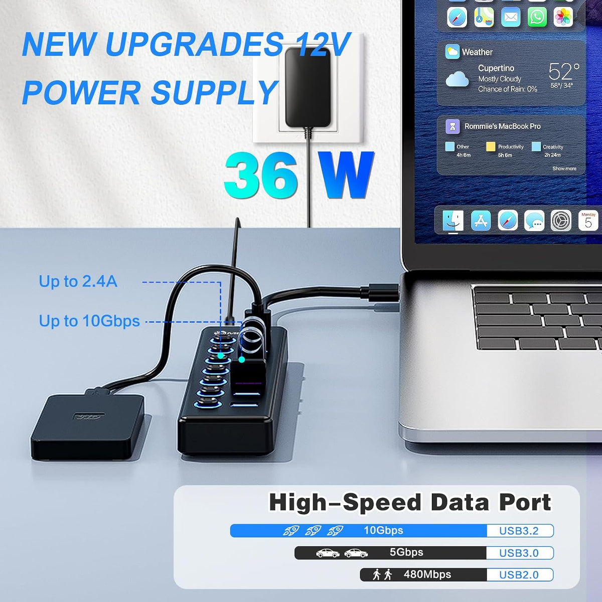 MENKSIDㅤ, hub USB 3.2 de 7 puertos, alimentado