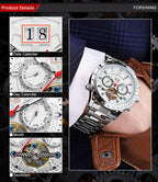 FORSINING Reloj Mecánico Tourbillon de Cuerda Automática para Hombre, Día Fecha Mes Calendario Completo, Taquímetro Luminoso Relojes Automáticos Multifuncionales, Reloj de Pulsera con Correa de Acero