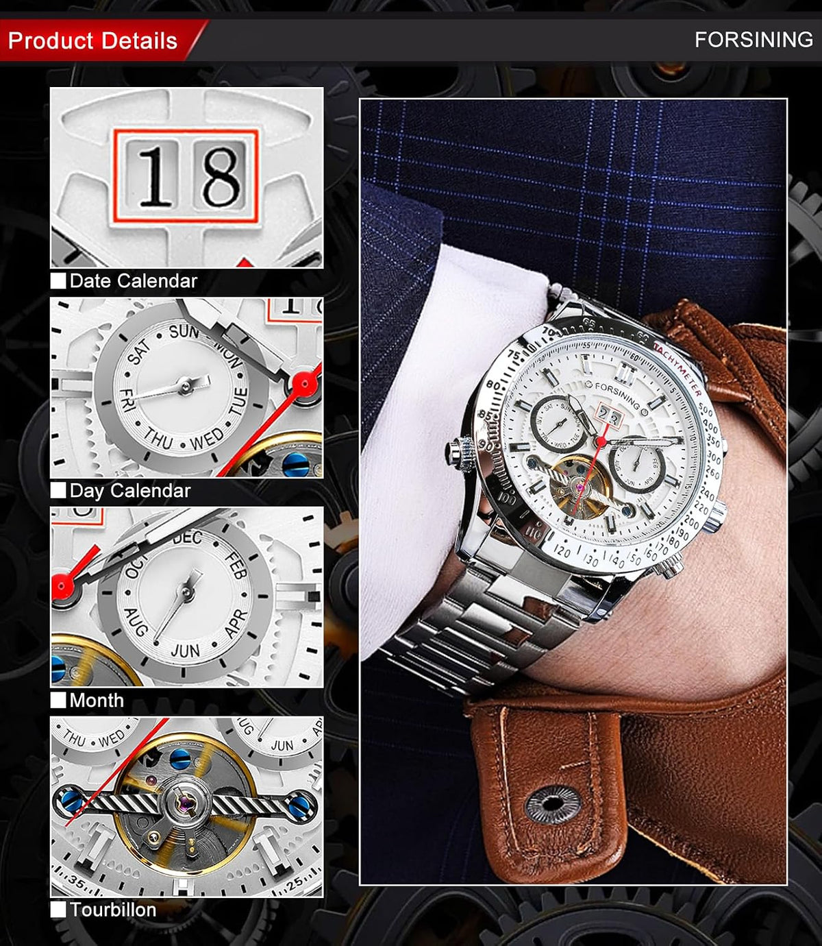 FORSINING Reloj Mecánico Tourbillon de Cuerda Automática para Hombre, Día Fecha Mes Calendario Completo, Taquímetro Luminoso Relojes Automáticos Multifuncionales, Reloj de Pulsera con Correa de Acero