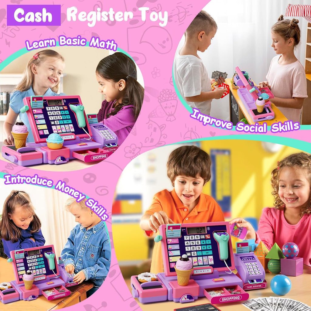 Juguete de caja registradora mejorado para niños y niñas, regalo de juego de simulación | Registro de cajero de juego de simulación con accesorios de tienda, calculadora de caja registradora con escáner/tarjeta de crédito (morado)