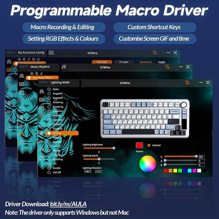 AULA Teclado mecánico inalámbrico S75 PRO con pantalla y perilla, t...