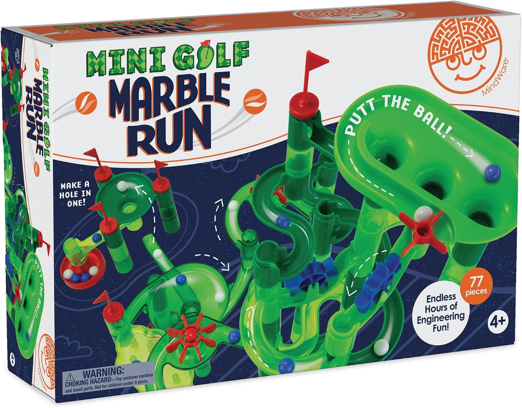 MindWare Marble Run Mini Golf – Juguetes de construcción para niños de 4 a 8 años – Giro único en la carrera clásica de canicas para niños de 4 a 8 años – Laberinto de mármol incluye 75 piezas de pista, 20 canicas y nuevos componentes emocionantes